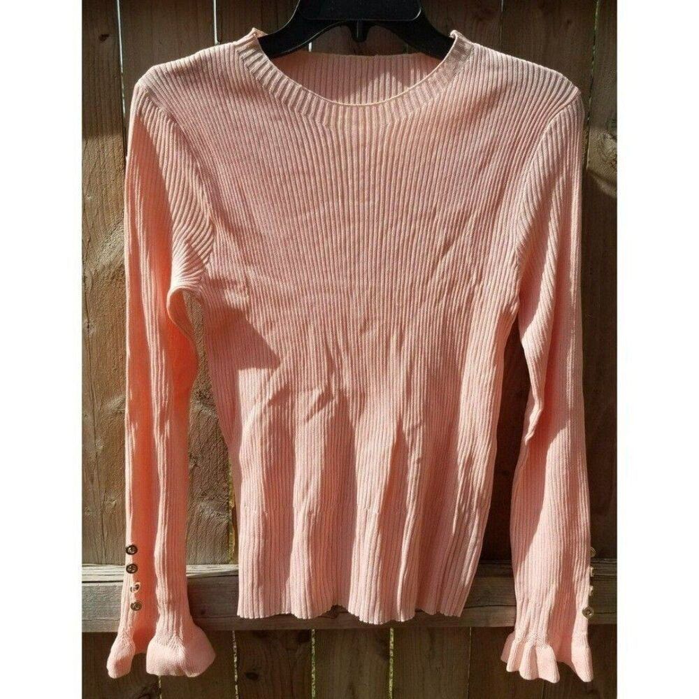 Tight Sweater Top Long Sleeve Peach Pink Ruffled Long Sleeve Buttons Medium